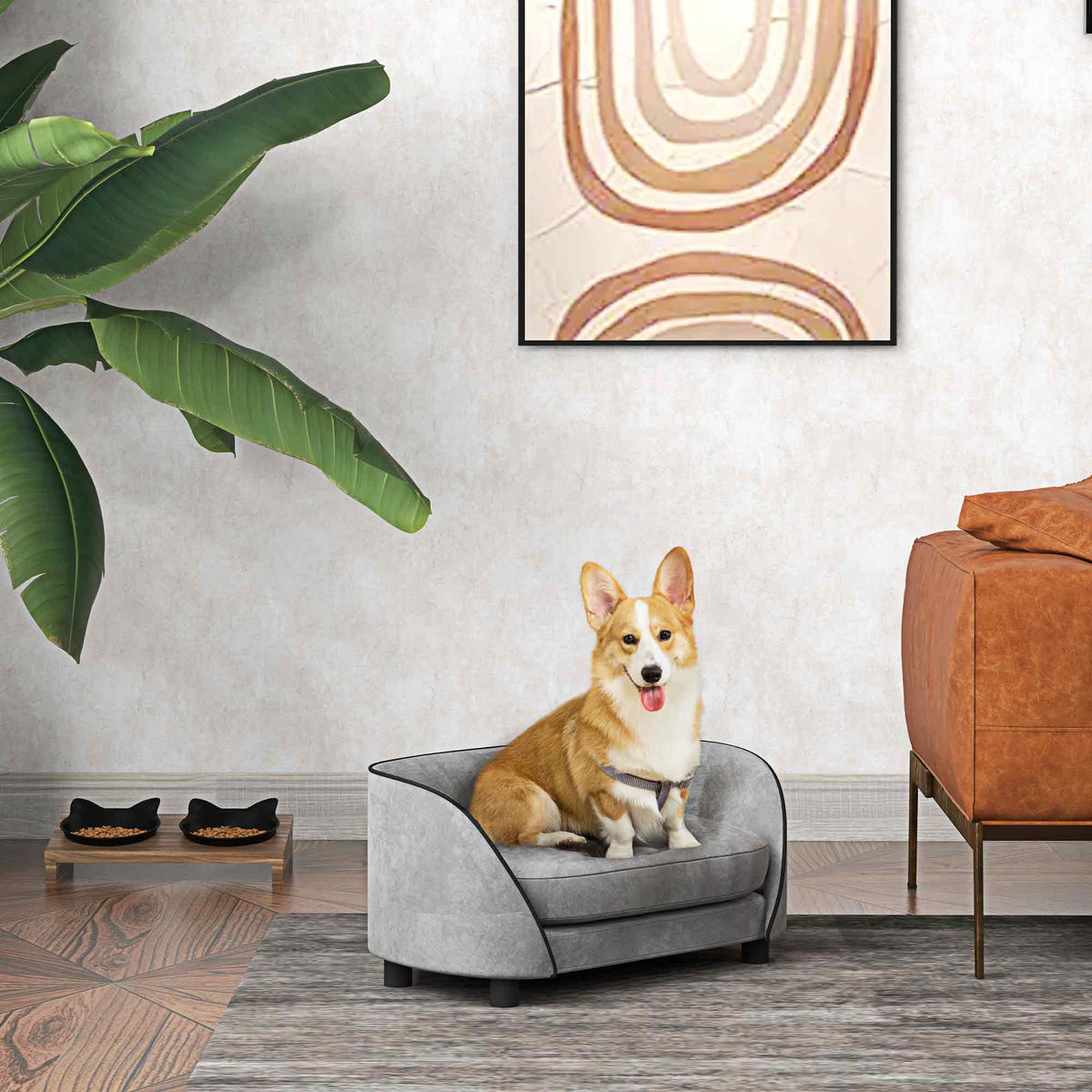 Canapé pour chien en velours gris avec coussin lavable – vue 6