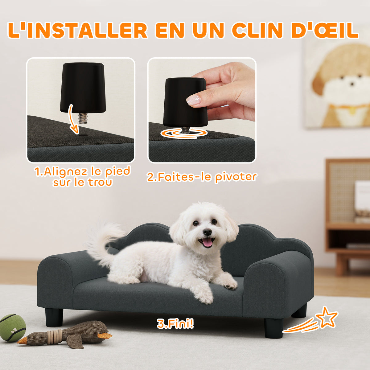 Canapé pour Petit Chien en Velours Gris Foncé – 66 × 42 cm