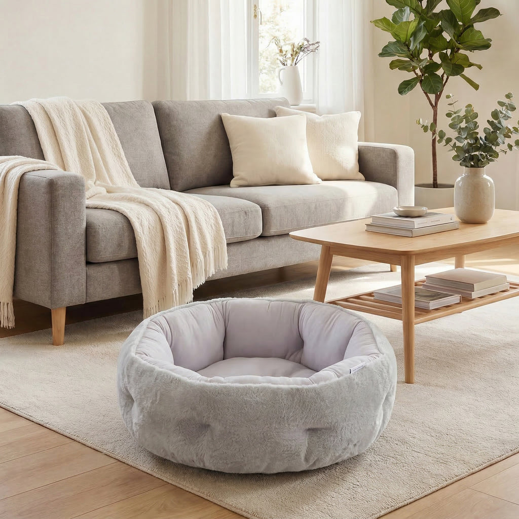 Panier Rond Réversible pour Petit Chien et Chat – Gris Clair 62 cm