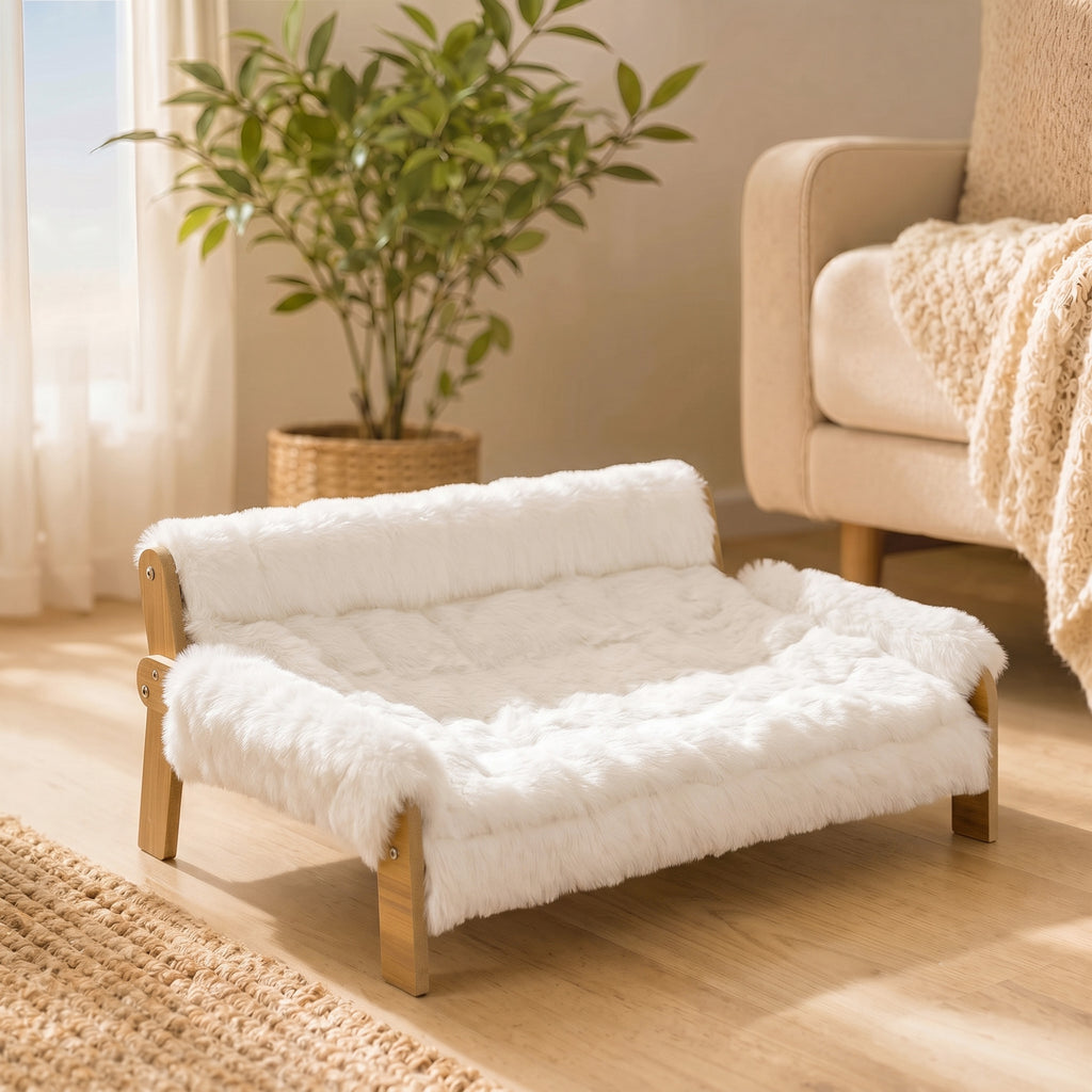 Canapé Surélevé pour Petit Chien – Coussin Amovible Blanc 70 × 47 cm
