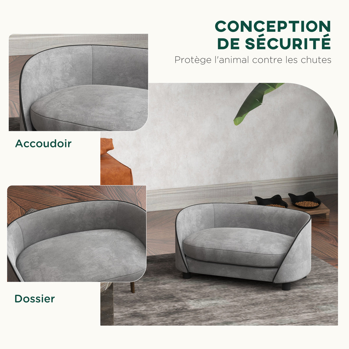 Canapé pour chien en velours gris avec coussin lavable – vue 4